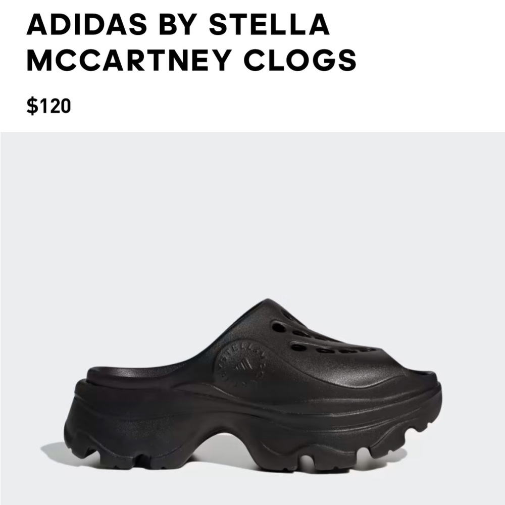 Stella McCartney x Adidas clogs in black, brand new with tags, size women’s US 7